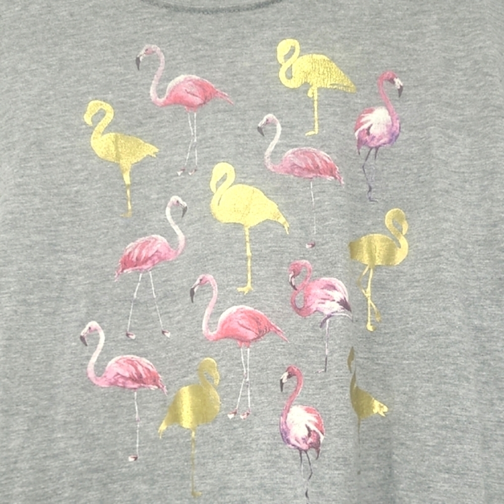 Gray Short Sleeve Tshirt Novelty Pink & Golden Flamingo Print Collectors Item